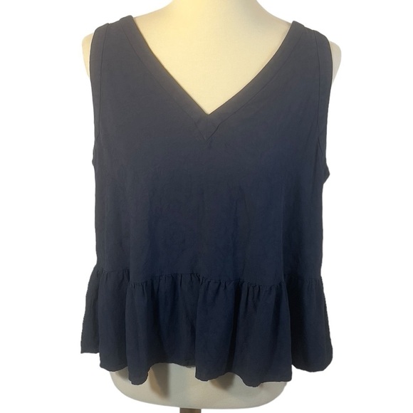 LOFT Women's Large Petite Peplum Top Navy Blue V-Neck Sleeveless Blouse Rayon - Picture 1 of 5
